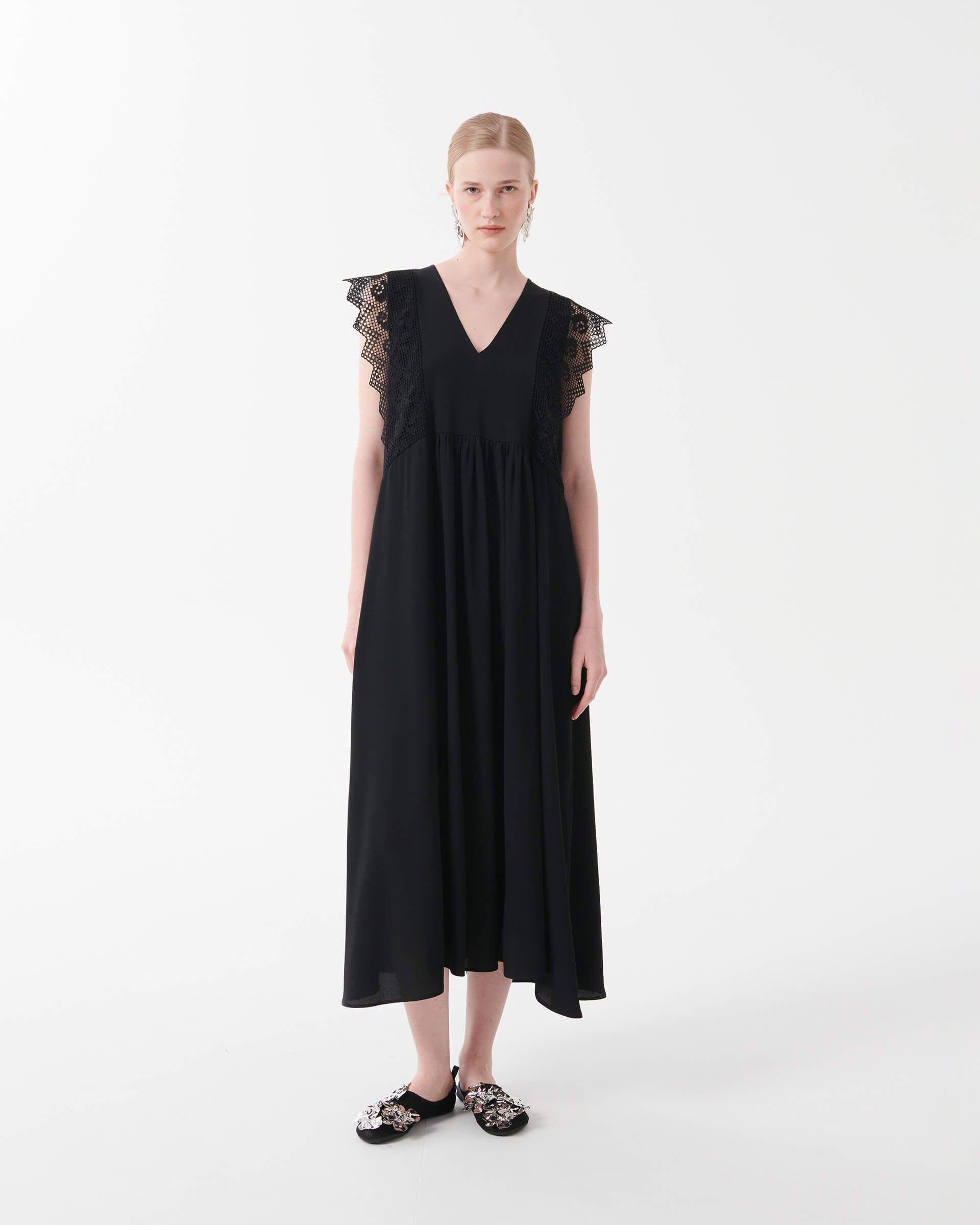 Beatrice .b - Silk Crepe De Chine Dress with Macrame Lace Ruffles