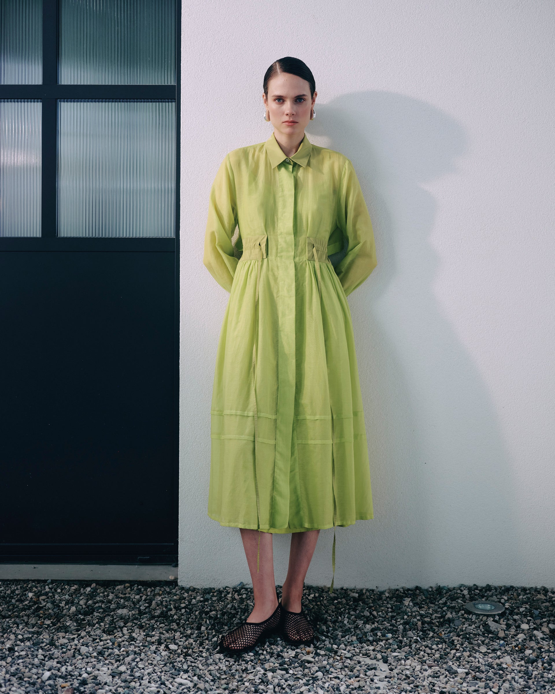 lime green satin shirt dress SHIRT DRESS WITH WAIST BELT