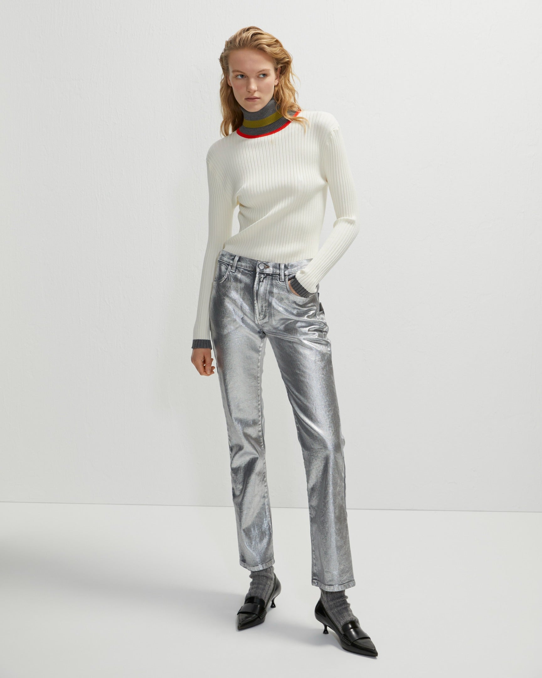 silver laminated jeans