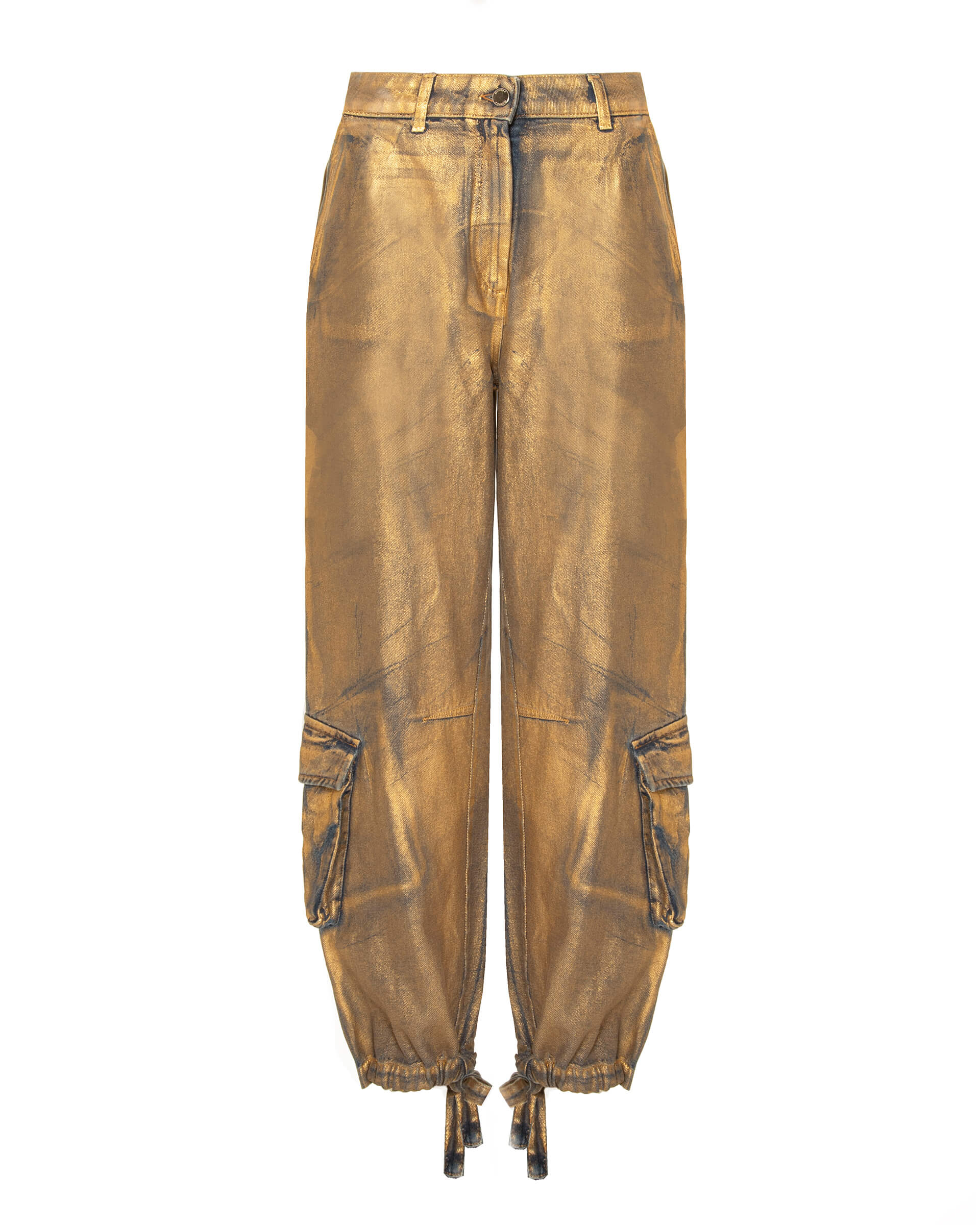 gold laminated cargo trousers