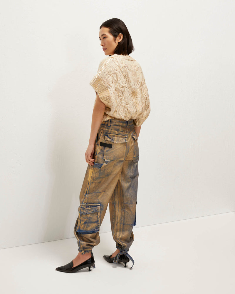 gold laminated cargo trousers