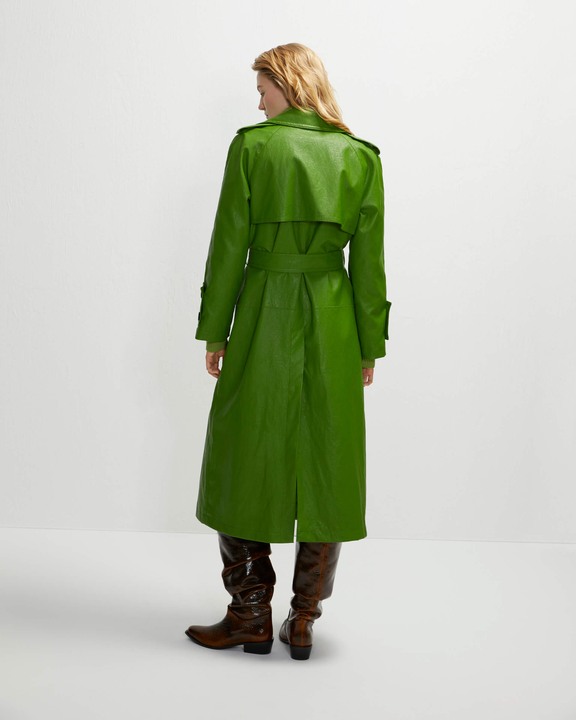 green eco-leather trench coat