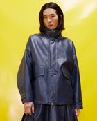 beatrice b oversized blue eco-leather pea coat+23FA3901MET_599