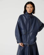 oversized blue eco-leather pea coat