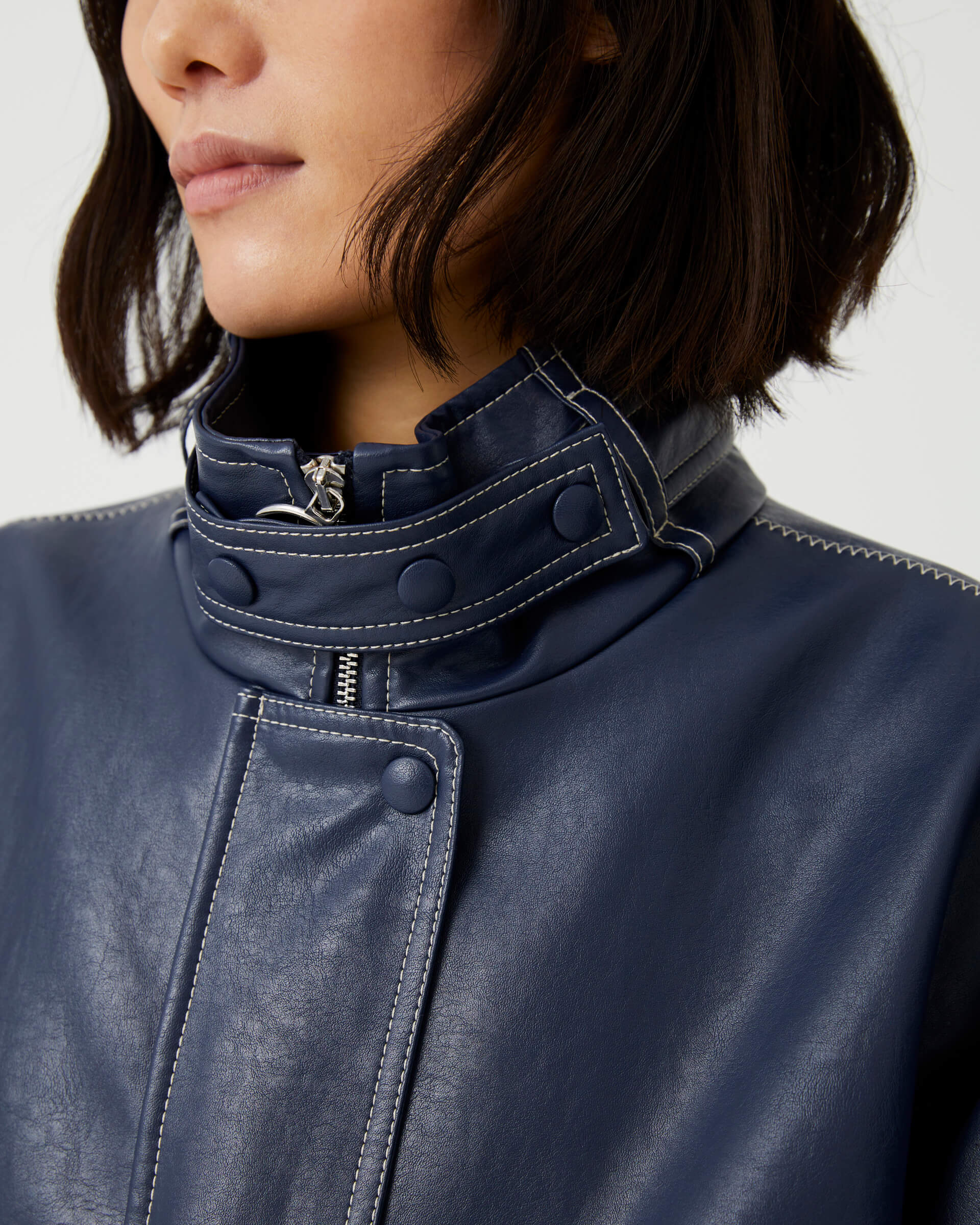 oversized blue eco-leather pea coat