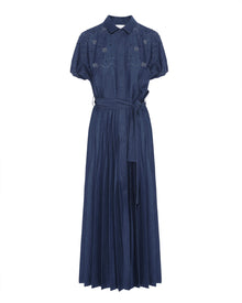 Pleated and Hand-Embroidered Denim Dress