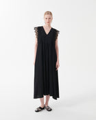 Silk Crepe De Chine Dress with Macrame Lace Ruffles