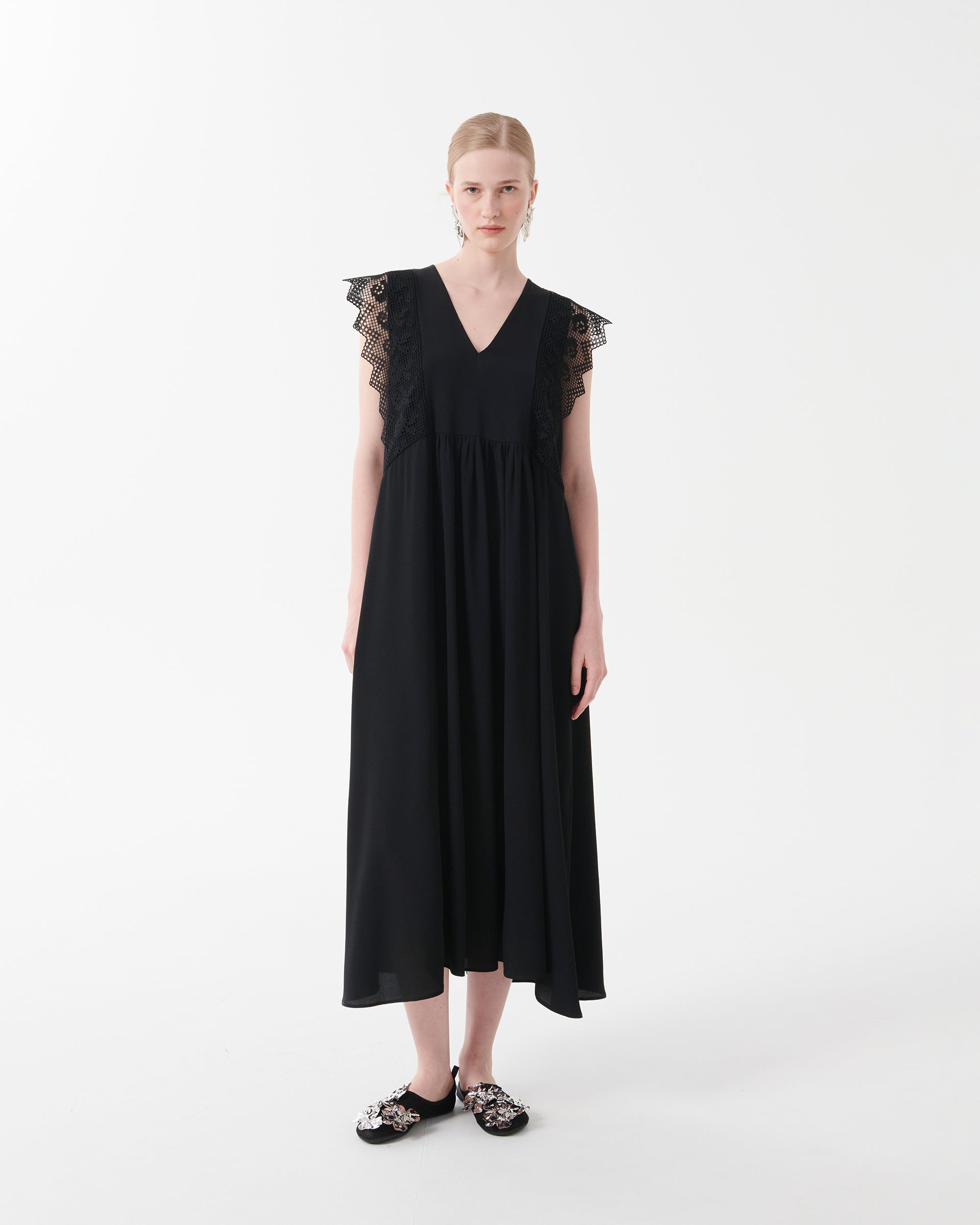 Silk Crepe De Chine Dress with Macrame Lace Ruffles