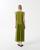 Silk Crepe De Chine Dress with Macrame Lace Ruffles