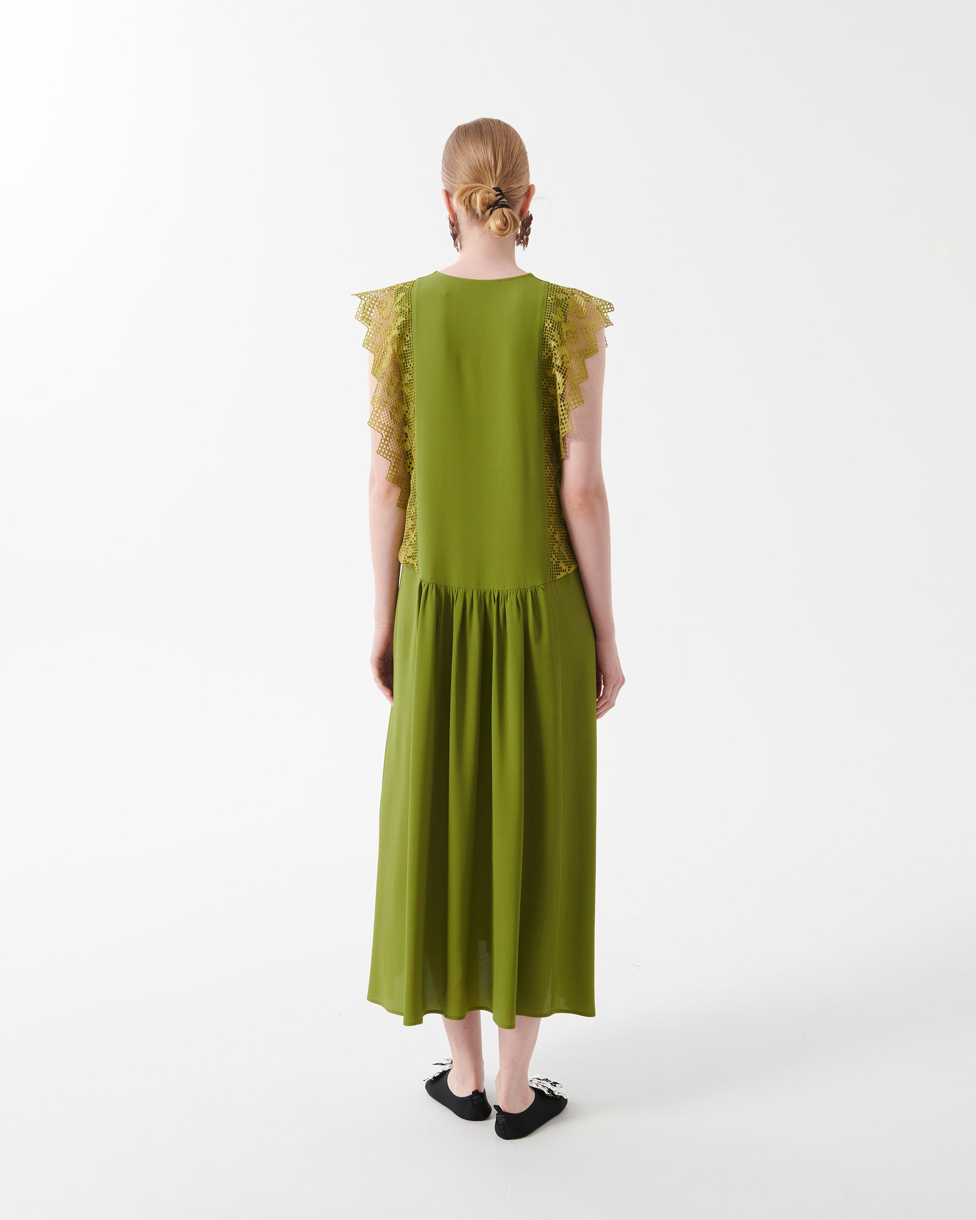Silk Crepe De Chine Dress with Macrame Lace Ruffles