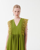 Silk Crepe De Chine Dress with Macrame Lace Ruffles