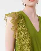 Silk Crepe De Chine Dress with Macrame Lace Ruffles