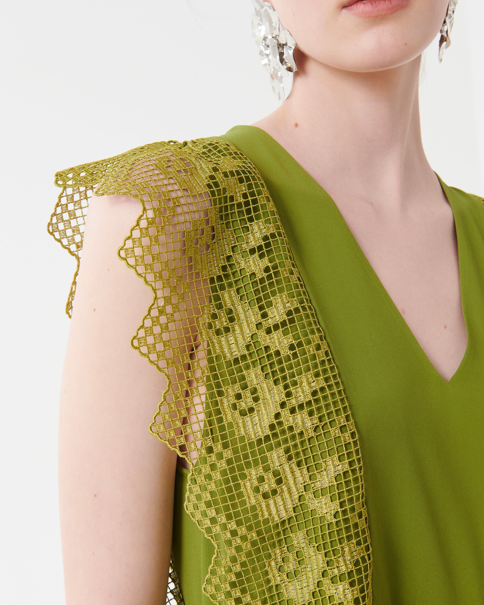 Silk Crepe De Chine Dress with Macrame Lace Ruffles