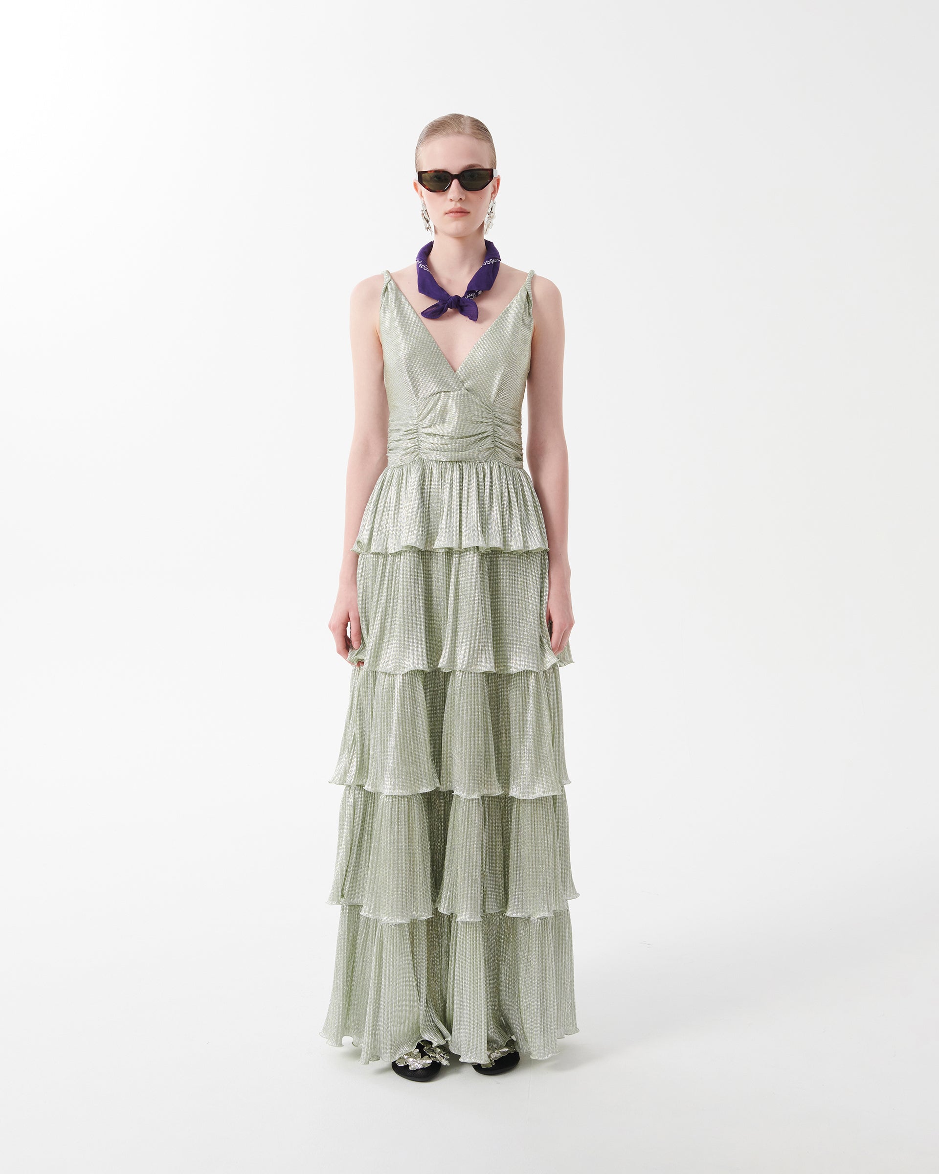 LUREX PLEATED DRESS WITH RUFFLES