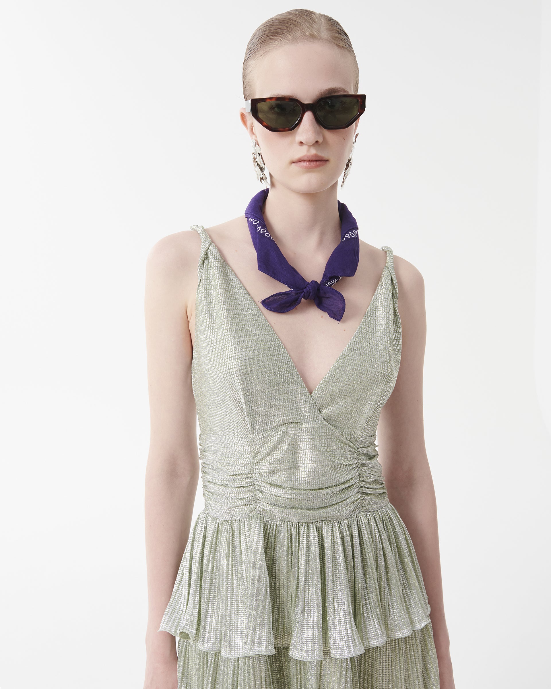 LUREX PLEATED DRESS WITH RUFFLES
