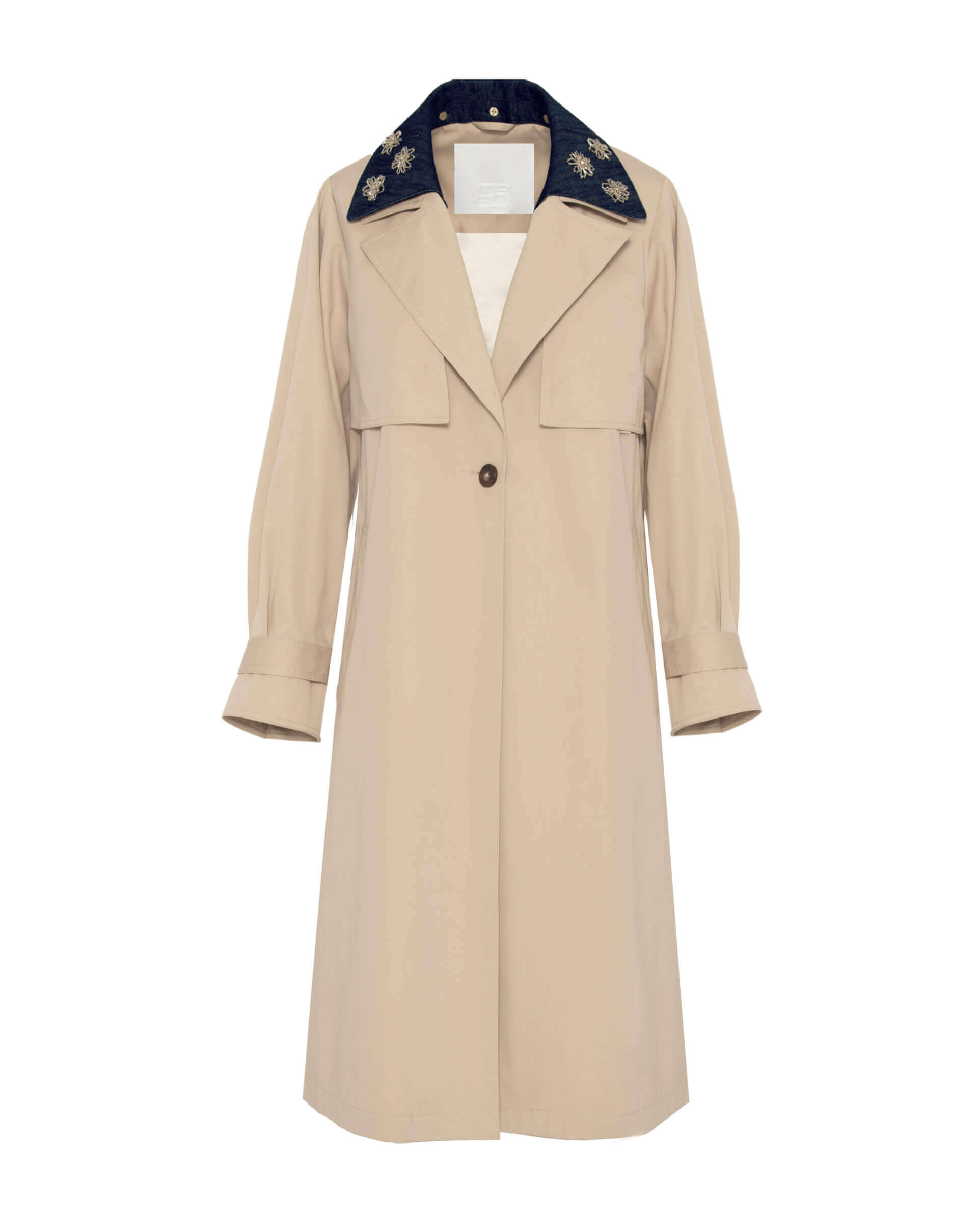LONG TRENCH COAT WITH EMBROIDERED COLLAR