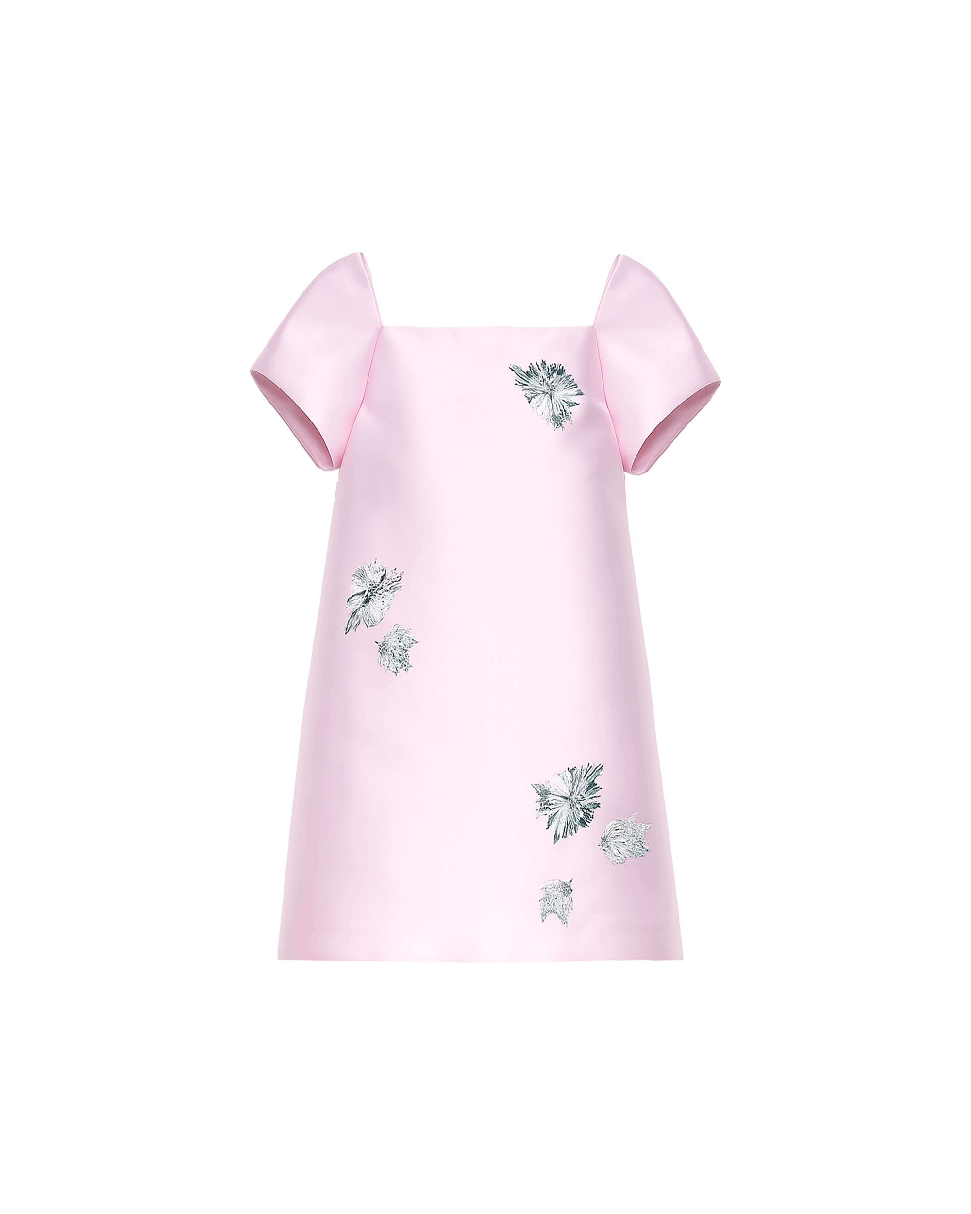 SHORT DUCHESSE DRESS WITH FLORAL EMBROIDERY