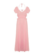 PLEATED LONG DRESS WITH RUFFLED SLEEVES