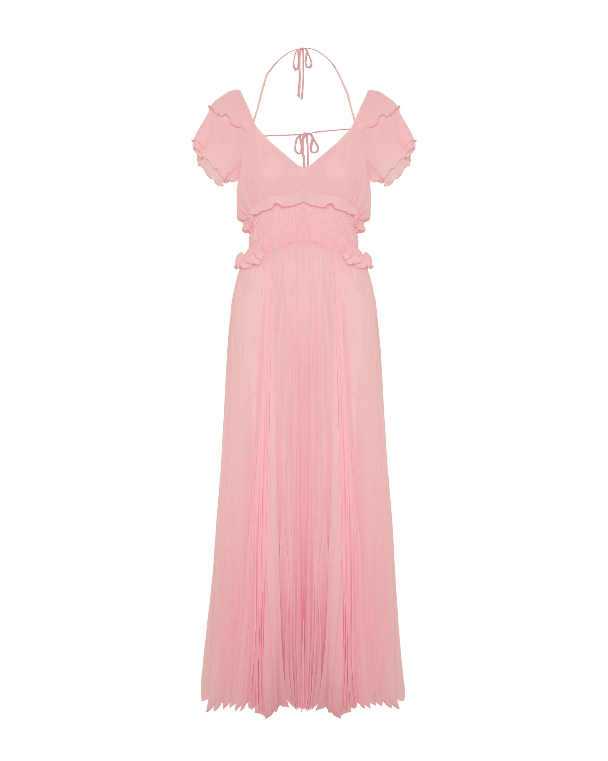 PLEATED LONG DRESS WITH RUFFLED SLEEVES