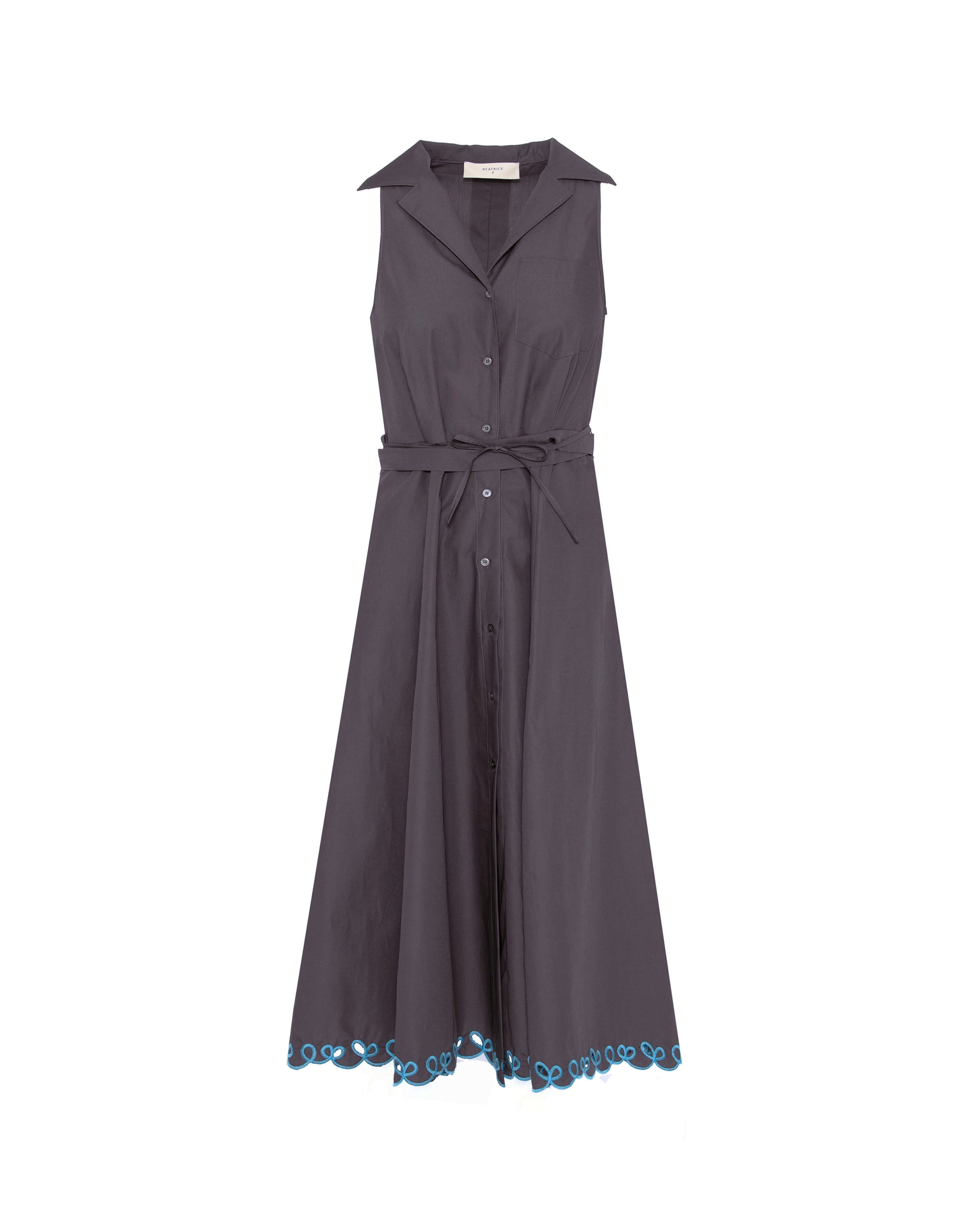 SLEEVELESS SHIRT DRESS WITH EMBROIDERED HEM