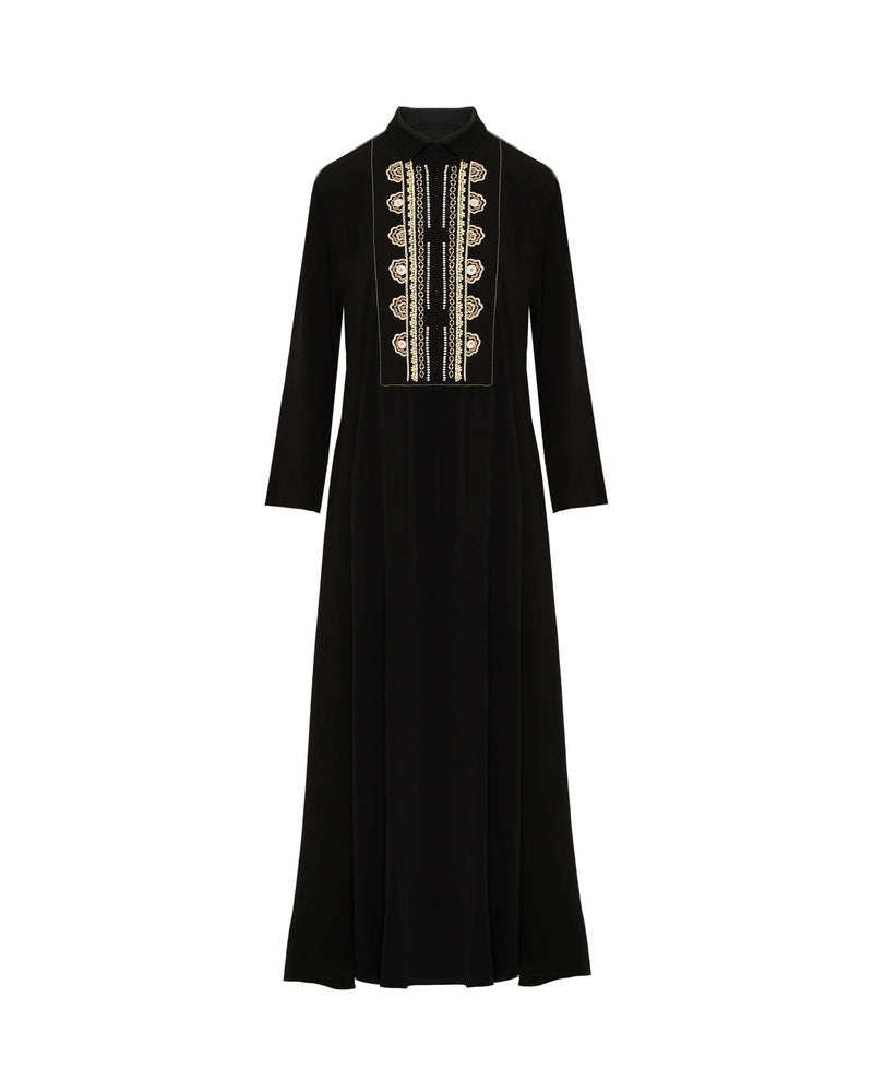 LONG CREPE DRESS WITH FRONT EMBROIDERY