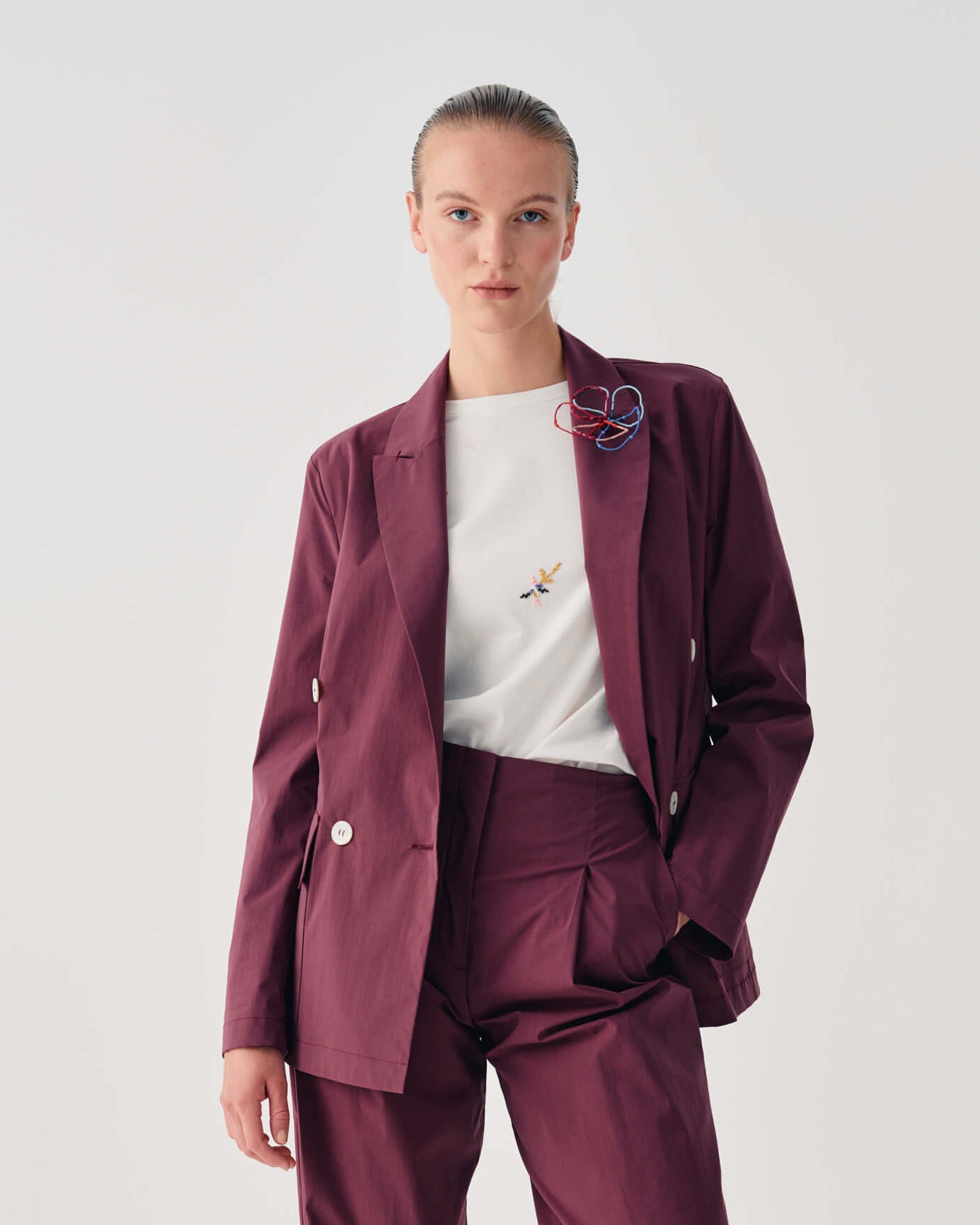 DOUBLE-BREASTED BLAZER WITH FLORAL DETAIL