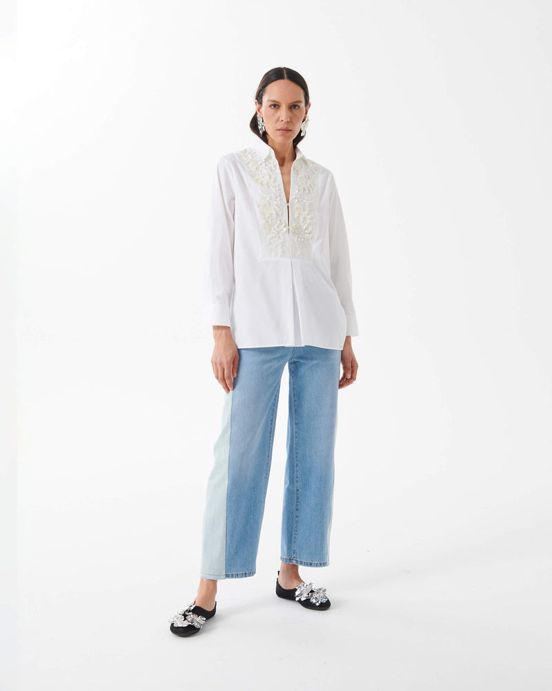 Cotton Shirt with Embroidered Plastron