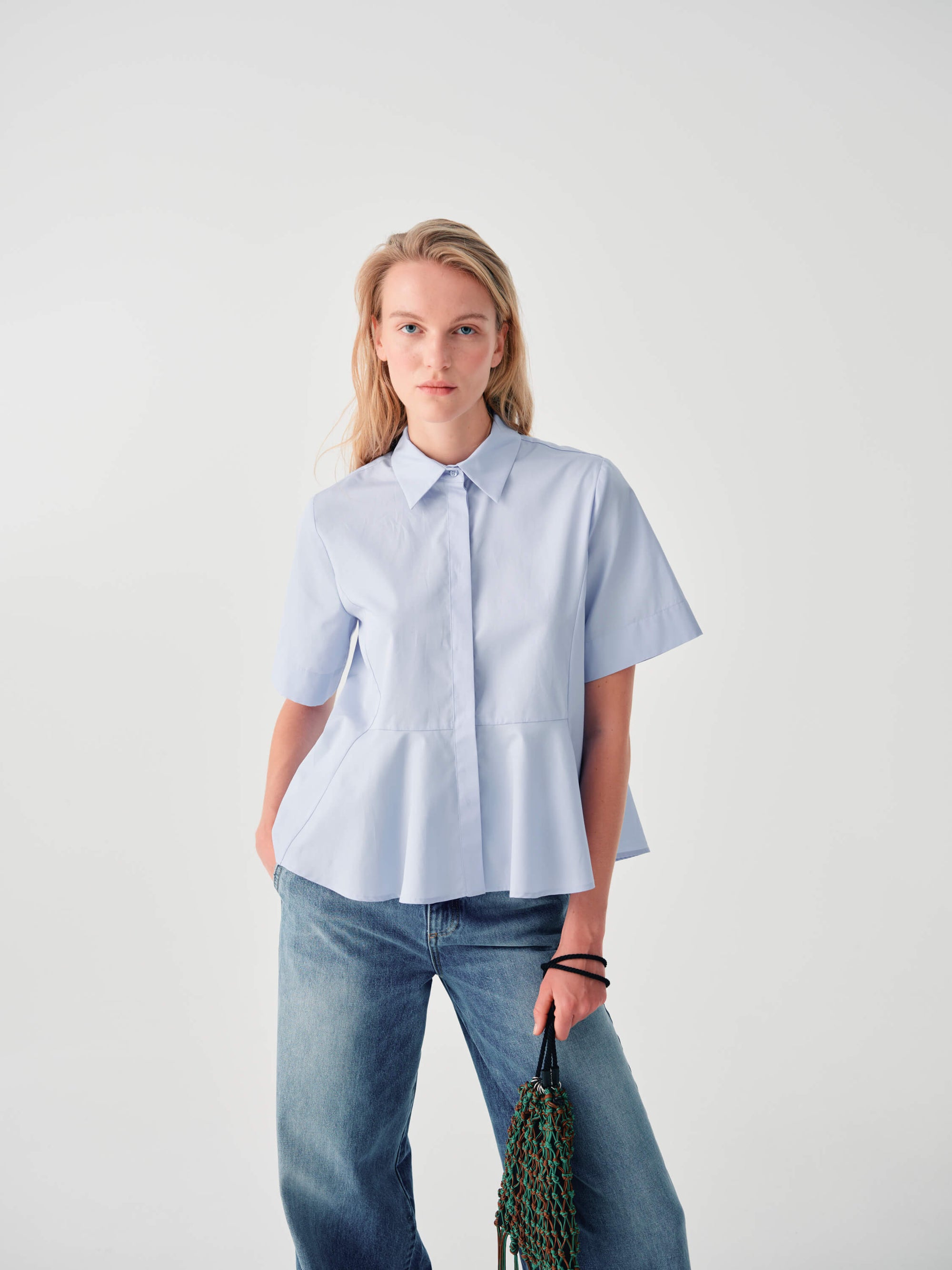 LIGHT BLUE COTTON FLARED SHIRT