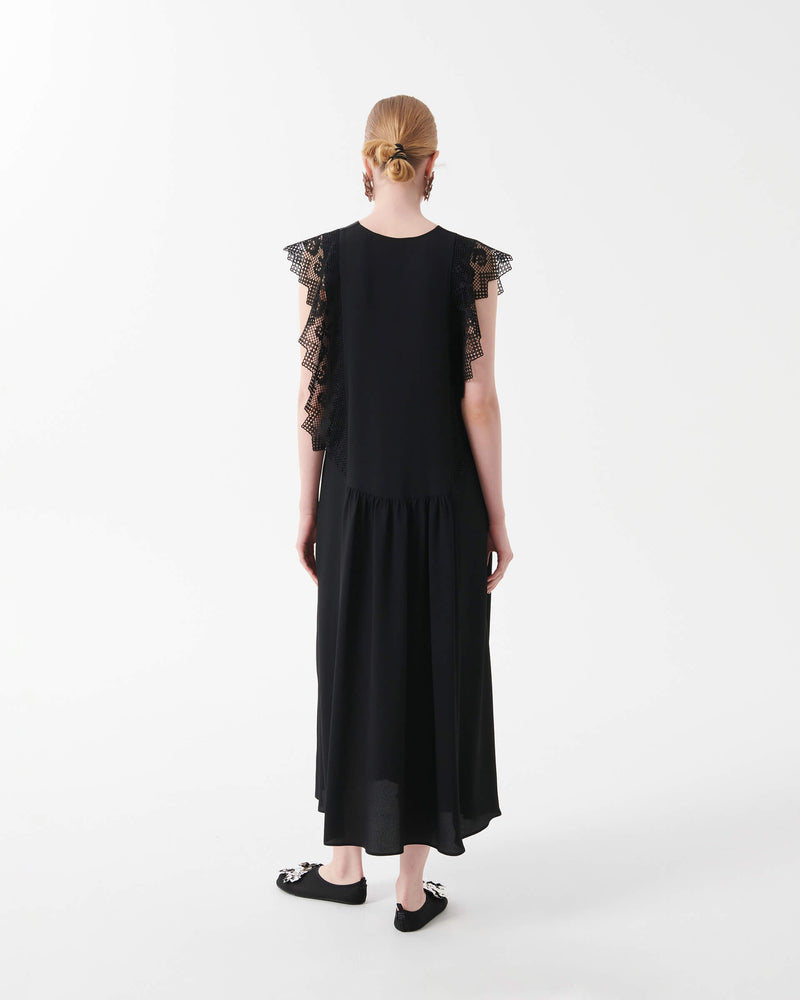 Silk Crepe De Chine Dress with MacramÃƒÂ© Lace Ruffles