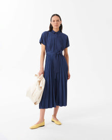 Pleated and Hand-Embroidered Denim Dress