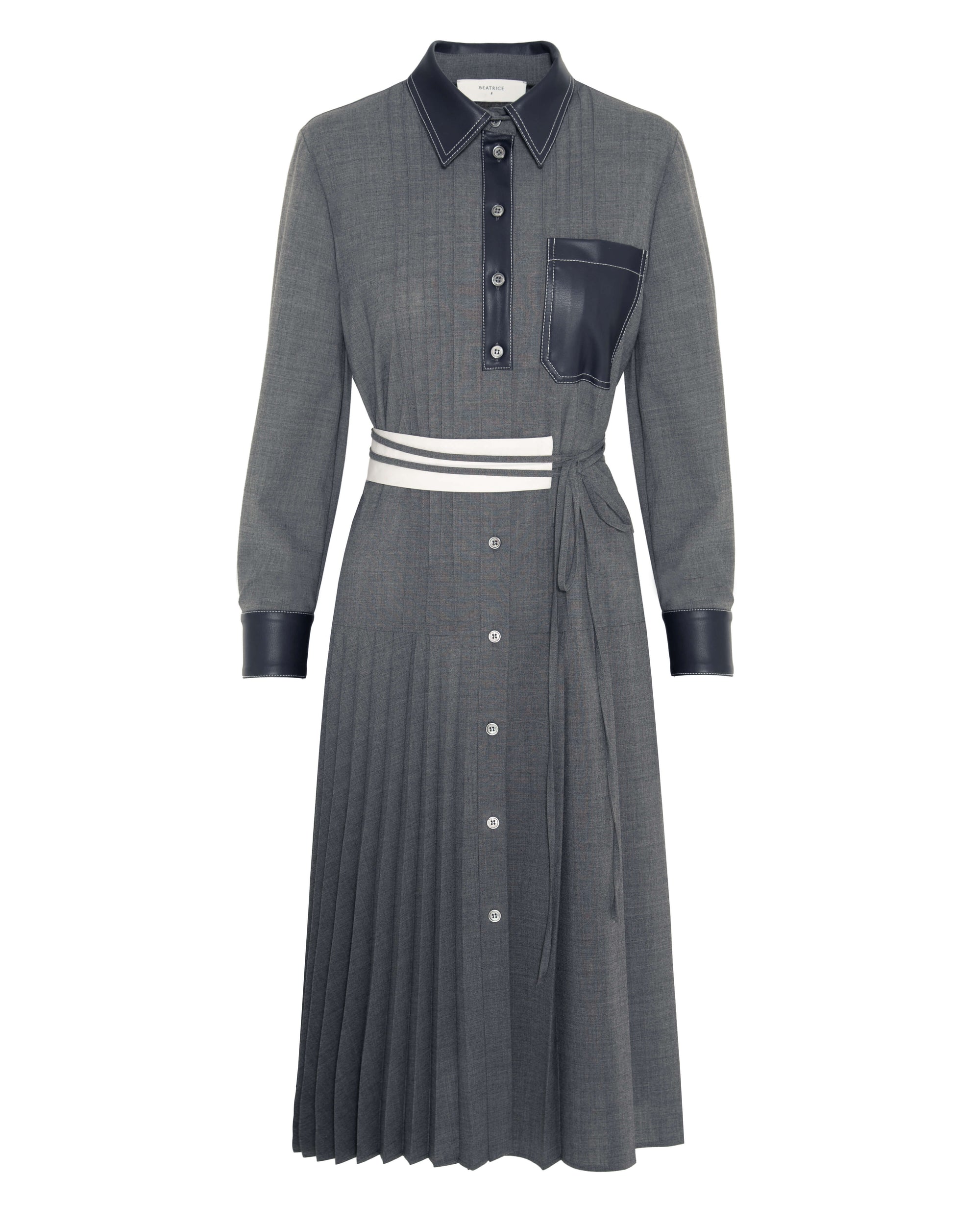 PLEATED CHEMISIER DRESS WITH ECO-LEATHER DETAILS