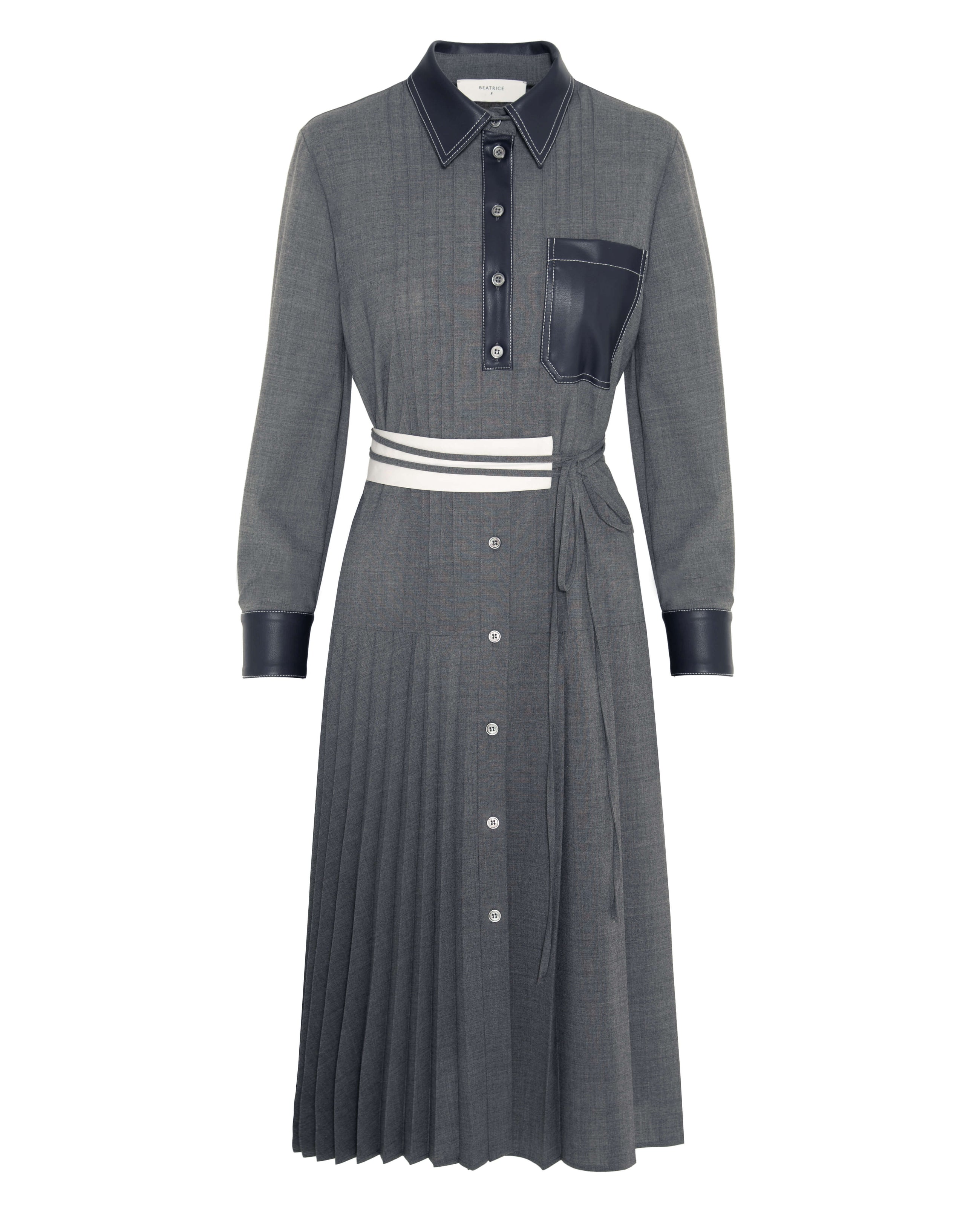 PLEATED CHEMISIER DRESS WITH ECO-LEATHER DETAILS