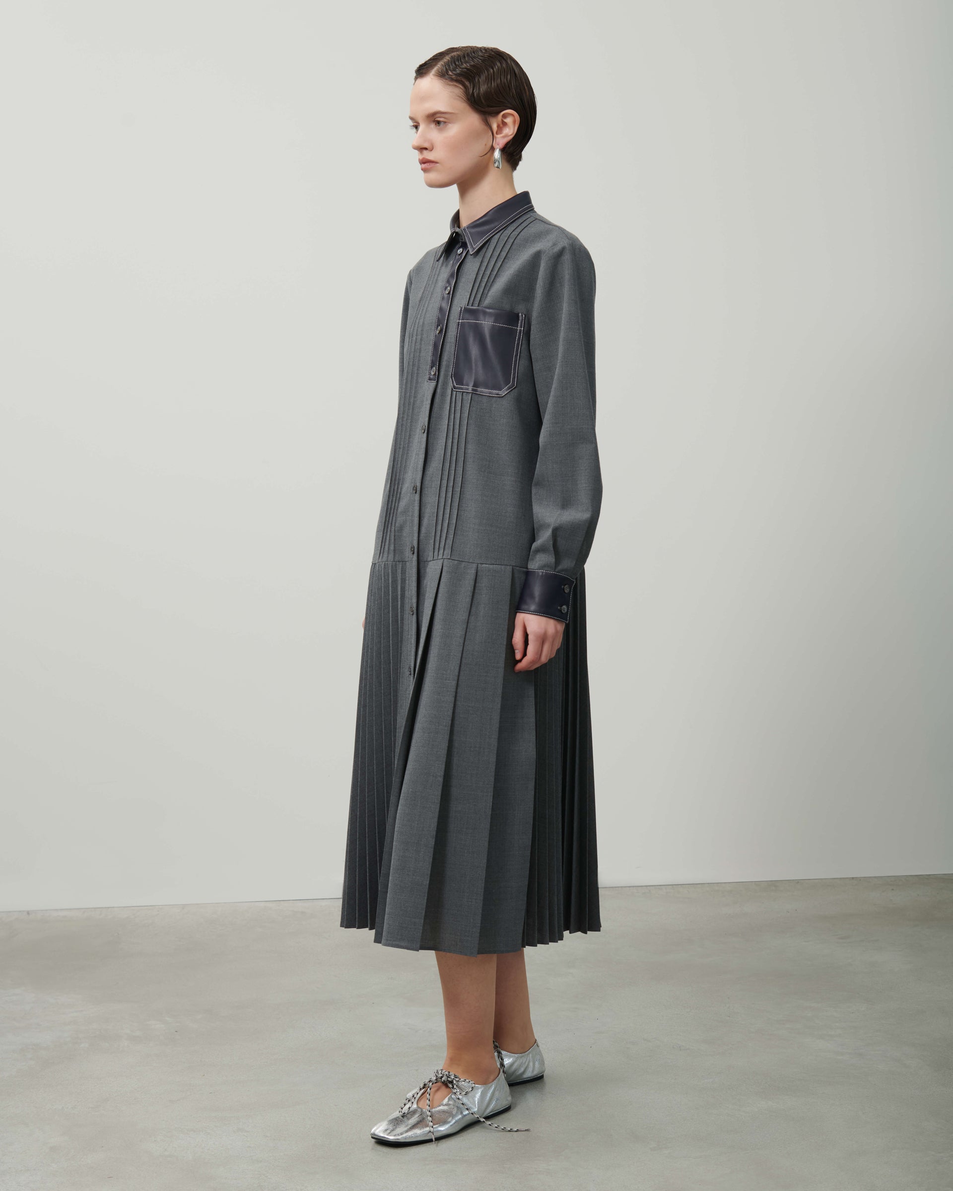PLEATED CHEMISIER DRESS WITH ECO-LEATHER DETAILS