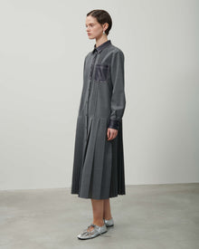 PLEATED CHEMISIER DRESS WITH ECO-LEATHER DETAILS