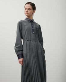 PLEATED CHEMISIER DRESS WITH ECO-LEATHER DETAILS