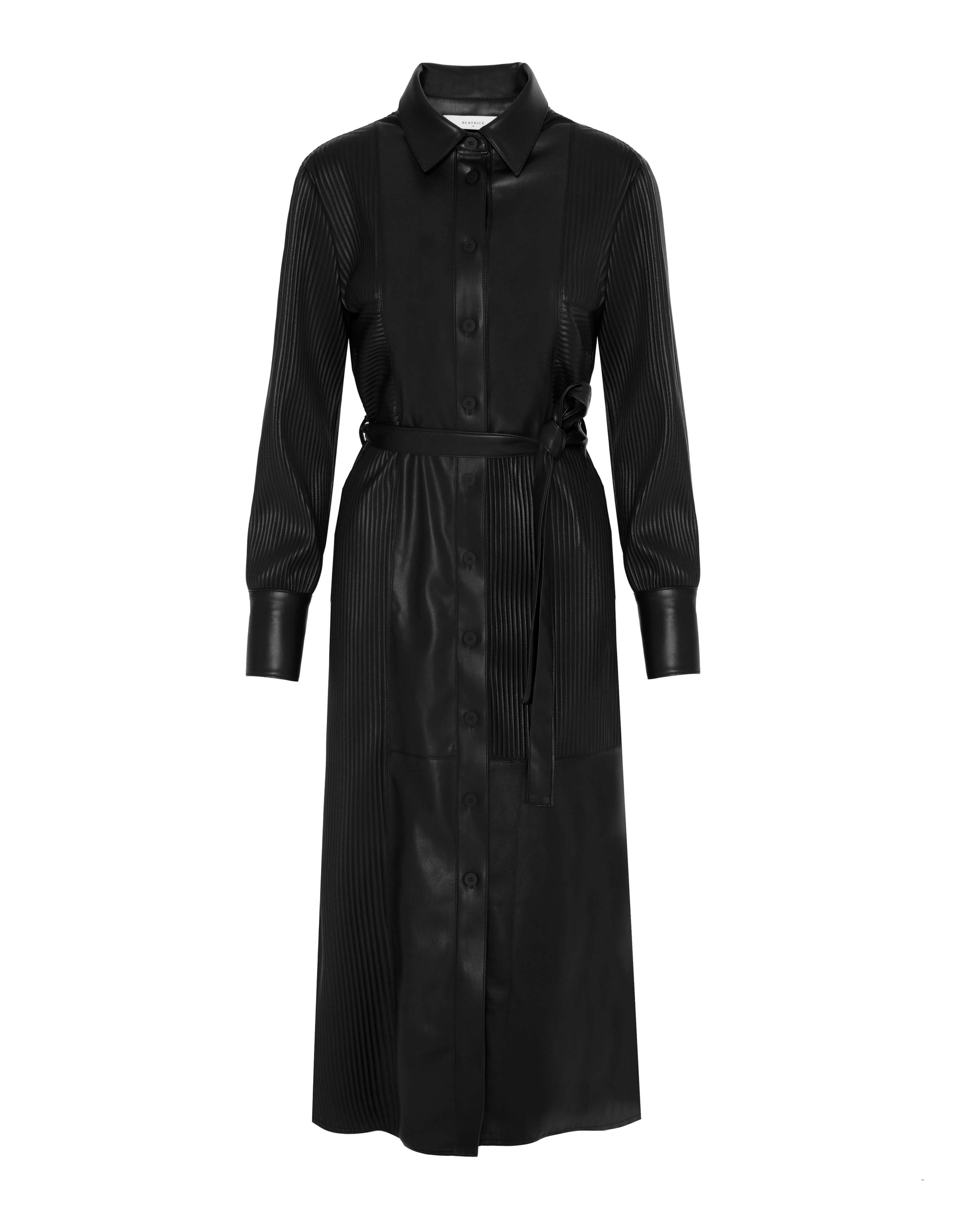 FAUX LEATHER CHEMISIER DRESS WITH PLEATED DETAILS