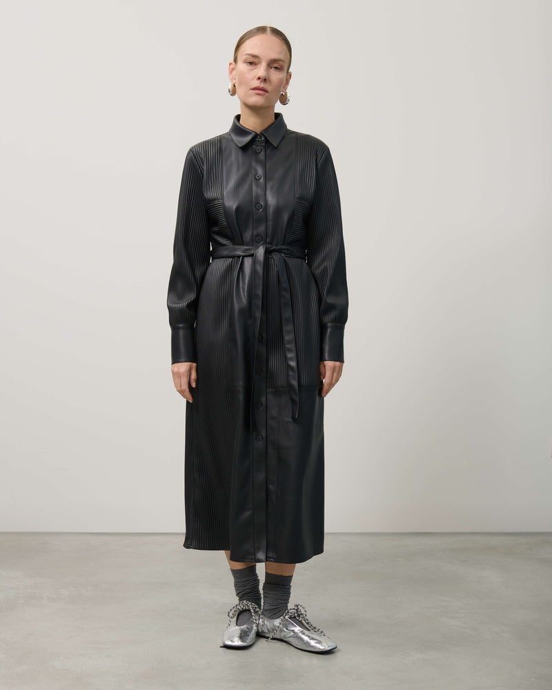 FAUX LEATHER CHEMISIER DRESS WITH PLEATED DETAILS
