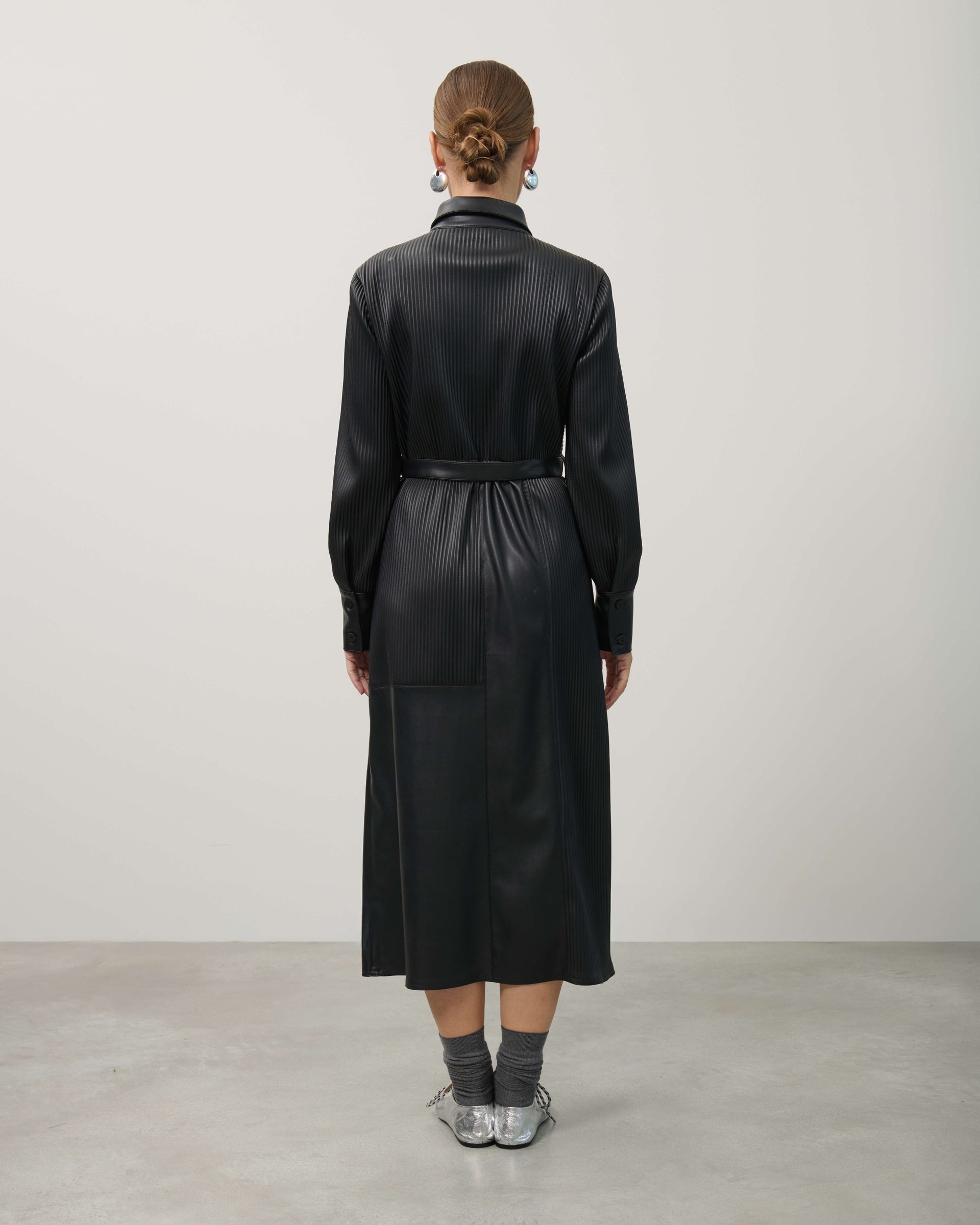 FAUX LEATHER CHEMISIER DRESS WITH PLEATED DETAILS