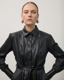 FAUX LEATHER CHEMISIER DRESS WITH PLEATED DETAILS