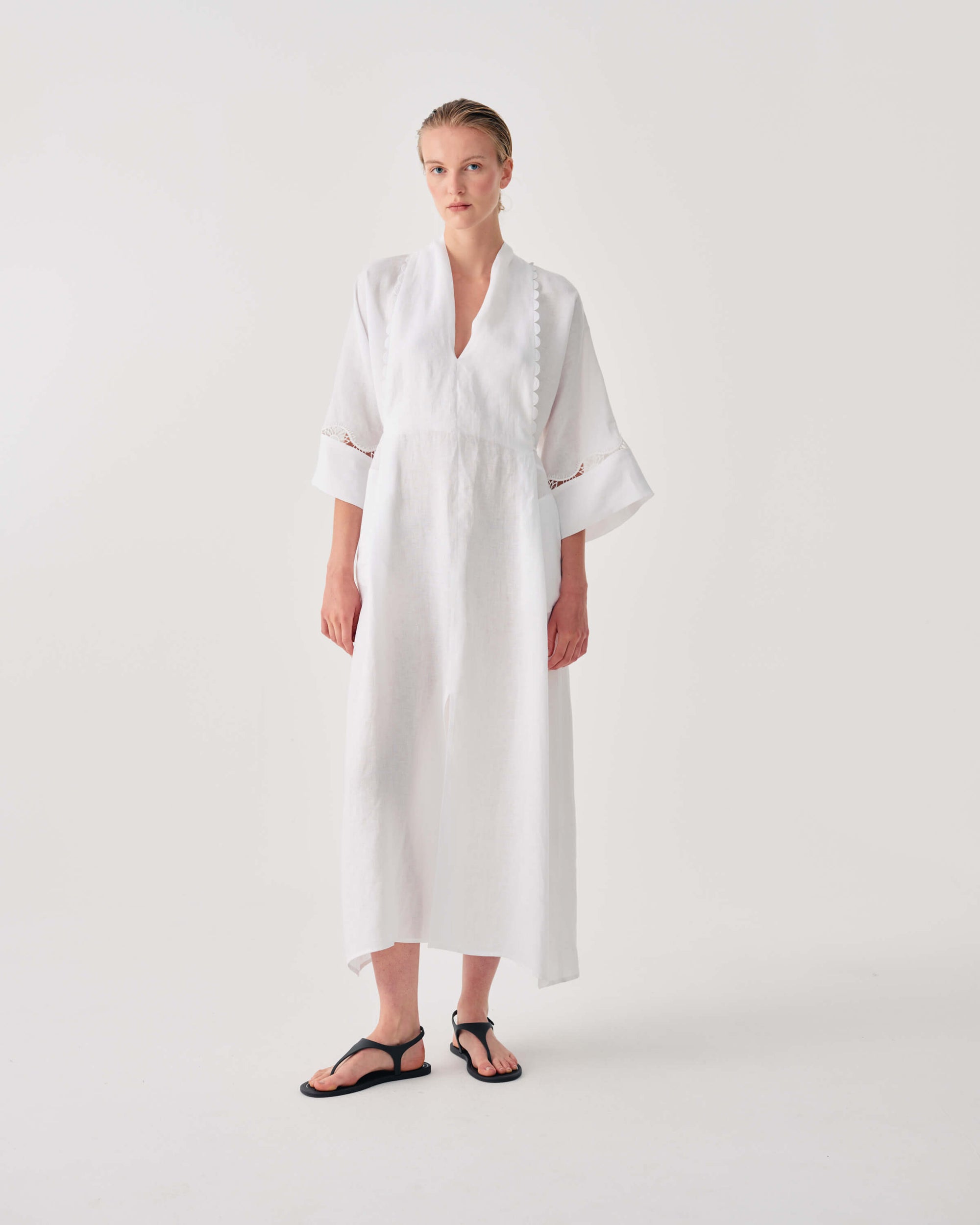 white linen dress long sleeve LONG LINEN DRESS WITH LACE