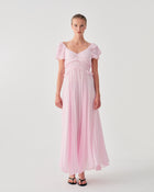 PLEATED LONG DRESS WITH RUFFLED SLEEVES