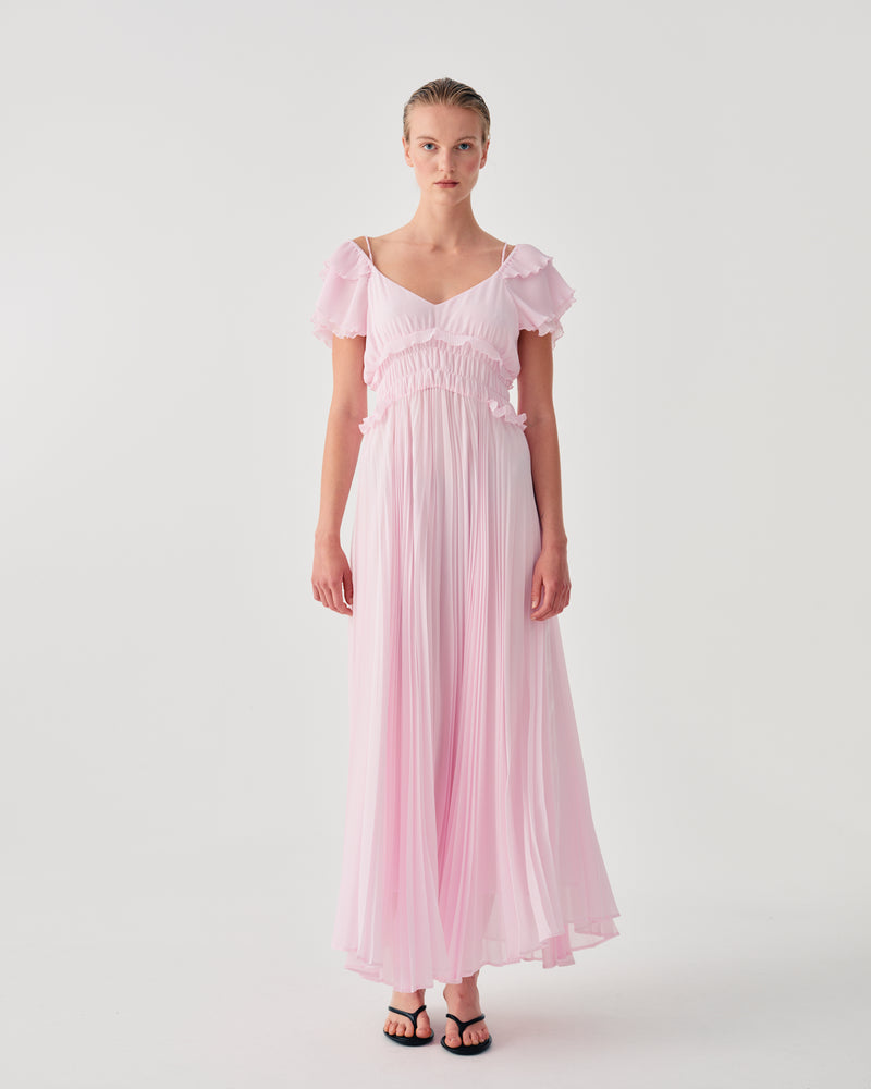 PLEATED LONG DRESS WITH RUFFLED SLEEVES
