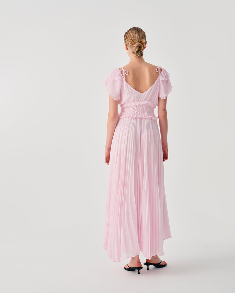 PLEATED LONG DRESS WITH RUFFLED SLEEVES
