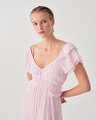PLEATED LONG DRESS WITH RUFFLED SLEEVES