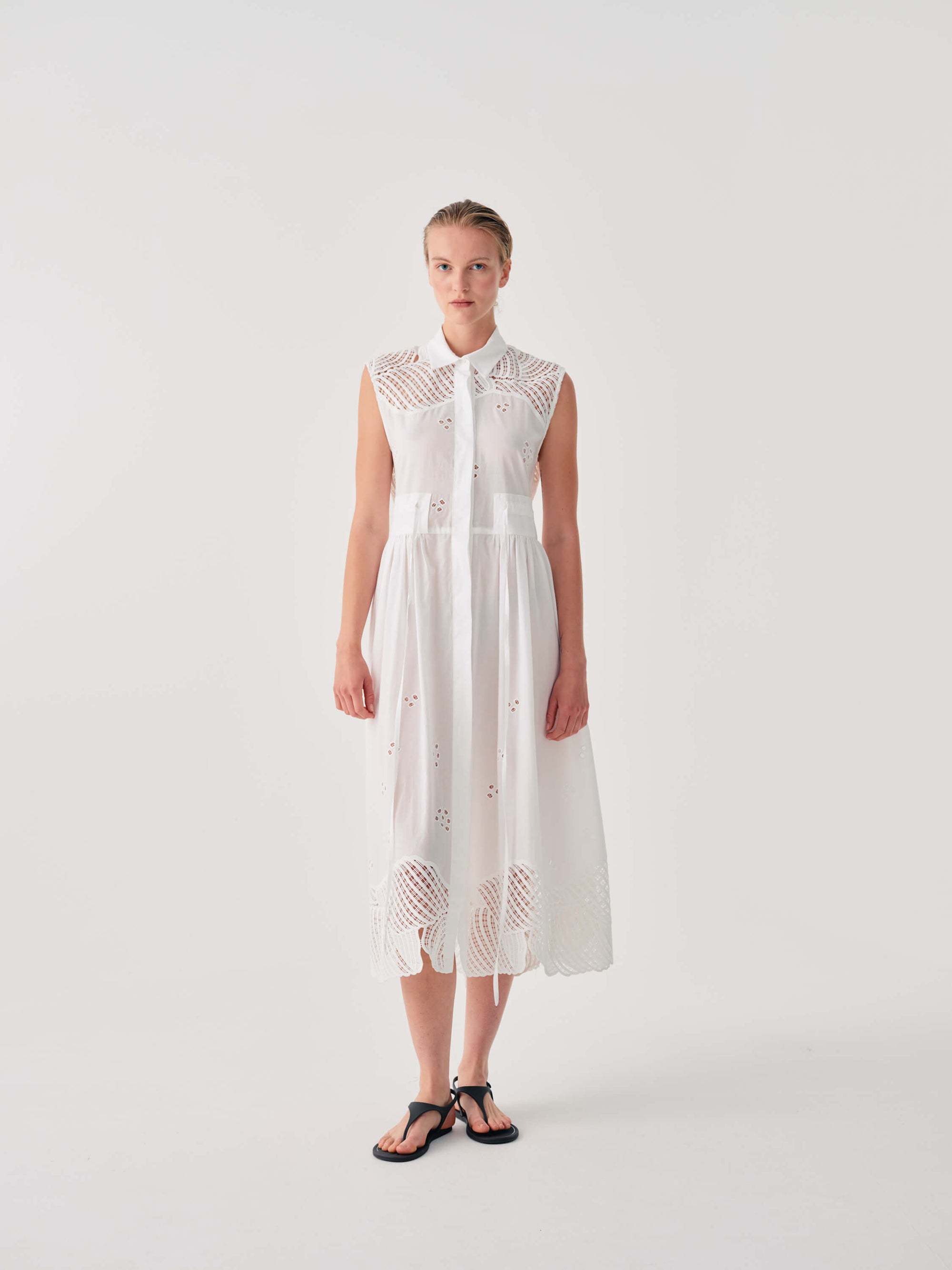 SLEEVELESS LONG DRESS WITH FLORAL EMBROIDERY