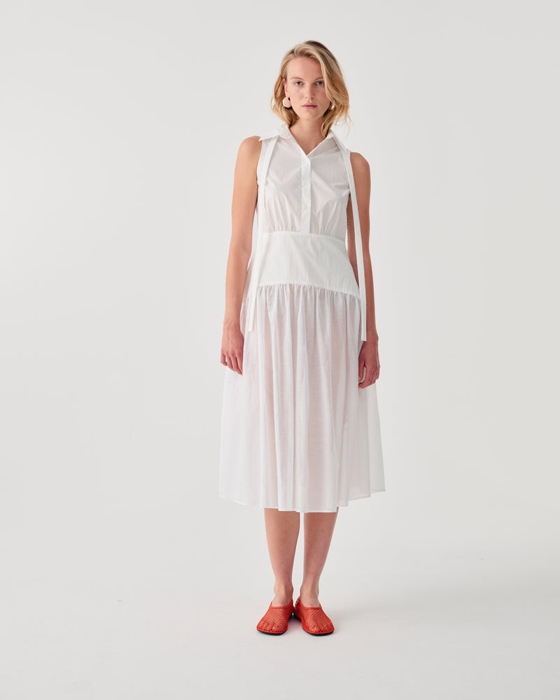 SLEEVELESS SHIRT DRESS WITH GATHERED SKIRT