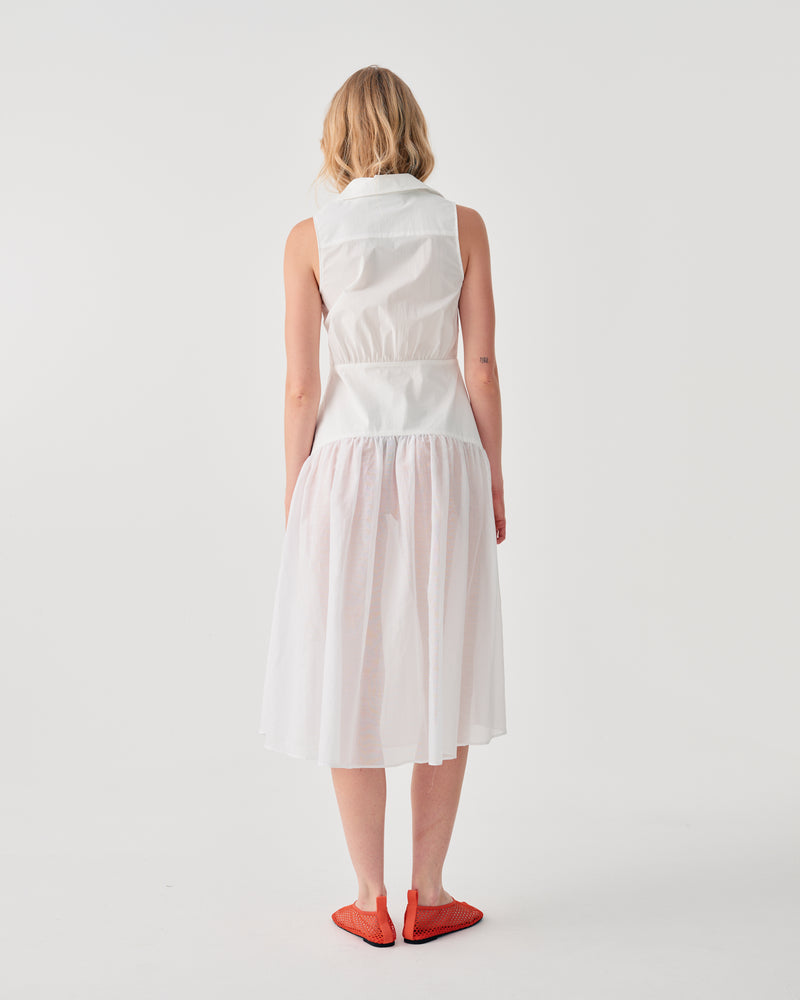 SLEEVELESS SHIRT DRESS WITH GATHERED SKIRT