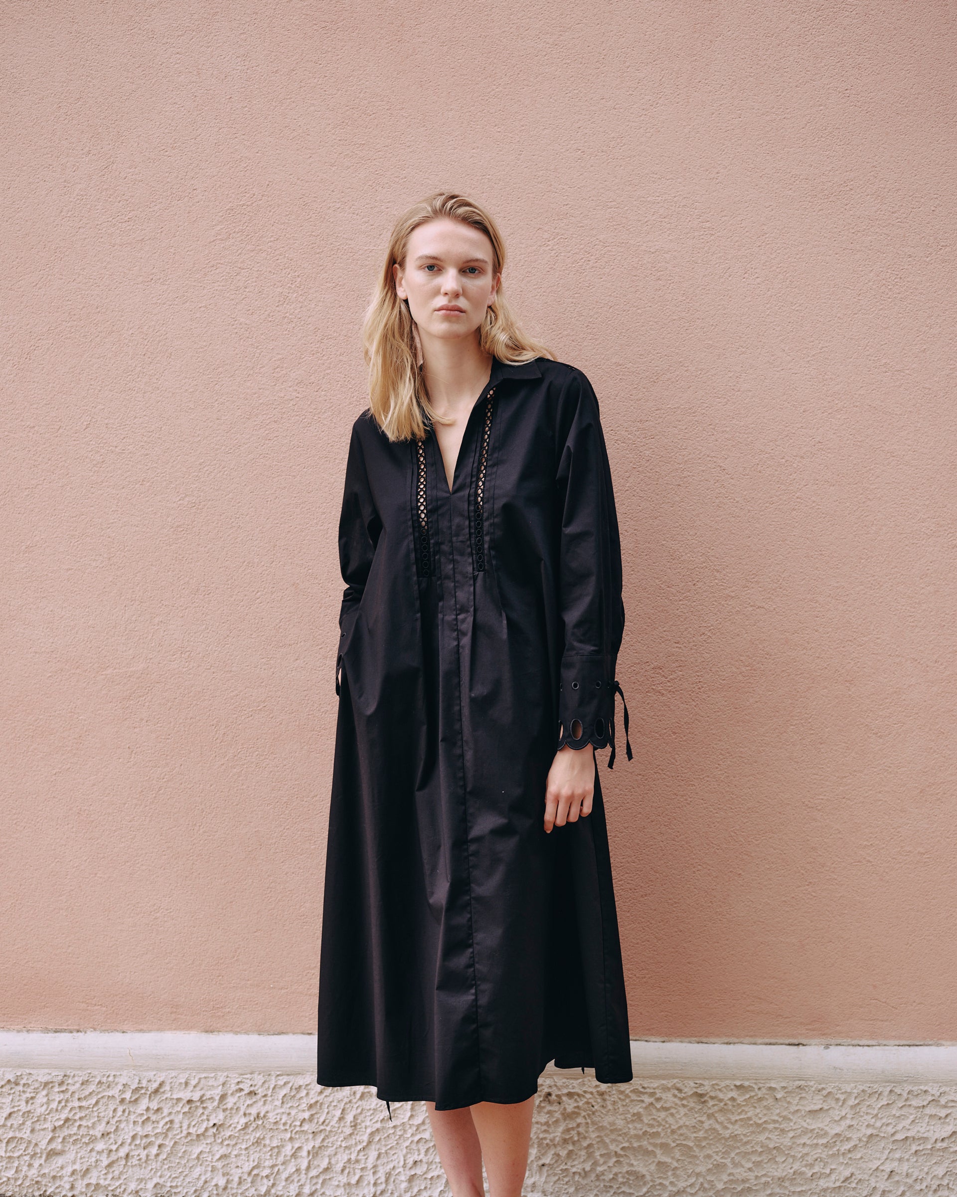 LONG SHIRT DRESS WITH EMBROIDERED DETAILS