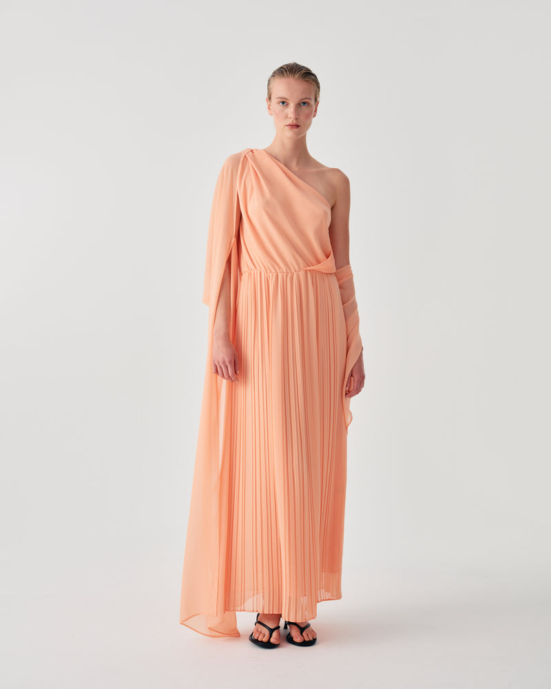 MIDI CHIFFON DRESS WITH DRAPED BODICE AND FLOWING SLEEVES