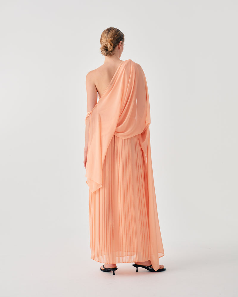 MIDI CHIFFON DRESS WITH DRAPED BODICE AND FLOWING SLEEVES
